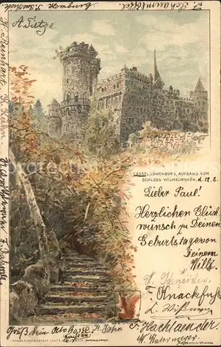 Wilhelmshoehe Kassel Loewenburg Aufgang vom Schloss Kuenstlerkarte Kat. Kassel