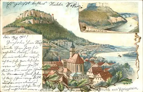 Koenigstein Saechsische Schweiz Stadt und Festung Lilienstein Elbsandsteingebirge Litho Kat. Koenigstein Saechsische Schweiz