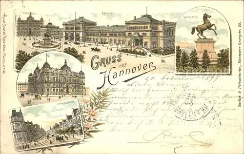 Hannover Ernst August Denkmal Bahnhof Sachsenross Post Koenigstrasse Litho Reichsport Kat. Hannover