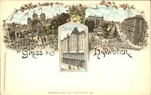 Hannover Tivoli Musikpavillon Georgstrasse Residenz Basar Litho Reichspost Kat. Hannover