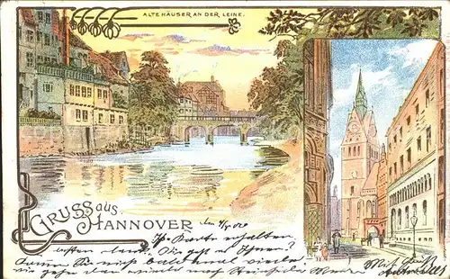 Hannover Alte Haeuser an der Leine Kirche Kuenstlerkarte Kat. Hannover