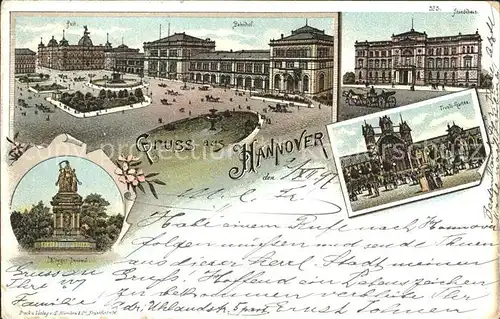 Hannover Ernst August Platz Post Bahnhof Staendehaus Tivoli Garten Kriegerdenkmal Litho Reichspost Kat. Hannover