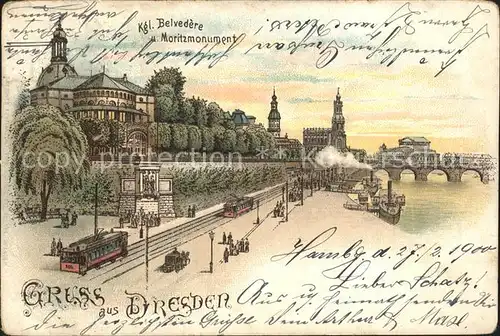 Dresden Kgl Belvedere Moritzmonument Strassenbahn Elbe Dampfer Kat. Dresden Elbe