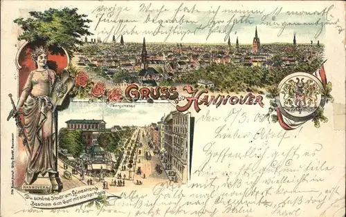 Hannover Blick ueber die Stadt Georgstrasse Hannovera Wappen Litho Kat. Hannover