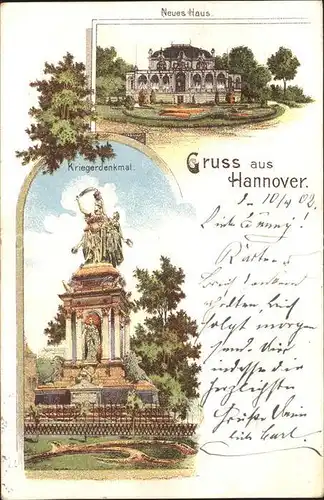 Hannover Kriegerdenkmal Neues Haus Litho Reichspost Kat. Hannover