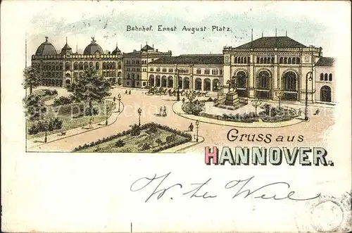 Hannover Ernst August Platz Denkmal Bahnhof Litho Kat. Hannover