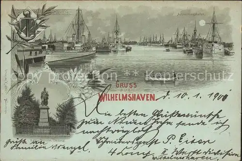 Wilhelmshaven Ausruestungshafen im Mondschein Anker Kaiser Wilhelm Denkmal Kat. Wilhelmshaven