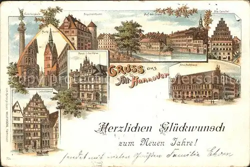 Hannover Waterloosaeule Beguinenturm Insel Kanzlei Rathaus Haus der Vaeter Leibnizhaus Neujahrskarte Kat. Hannover