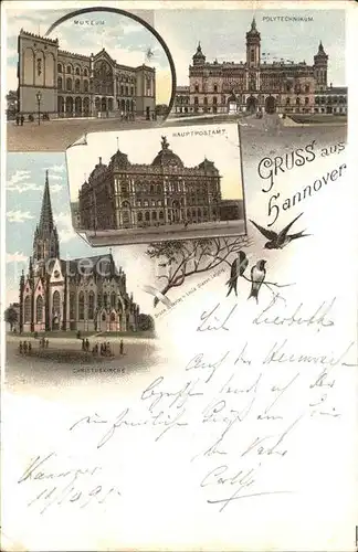 Hannover Museum Polytechnikum Hauptpostamt Christuskirche Litho Reichspost Kat. Hannover