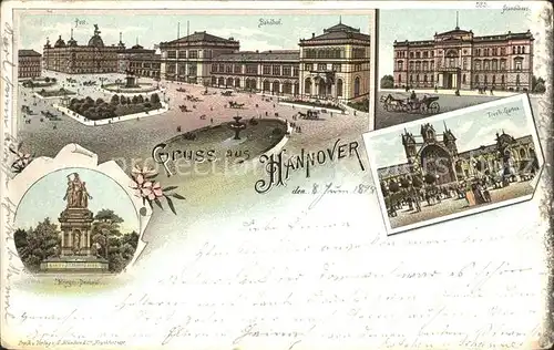 Hannover Ernst August Platz Post Bahnhof Staendehaus Tivoli Garten Kriegerdenkmal Litho Reichspost Kat. Hannover