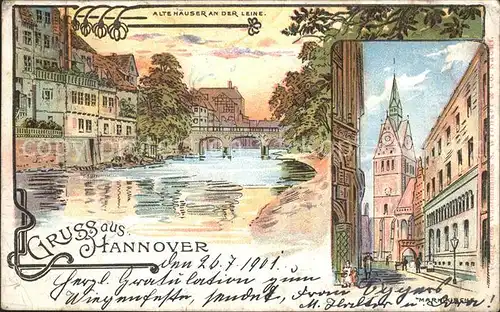 Hannover Alte Haeuser an der Leine Marktkirche Kuenstlerkarte Kat. Hannover