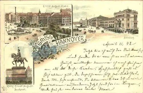 Hannover Ernst August Platz Denkmal Reiterstandbild Bahnhof Litho Kat. Hannover