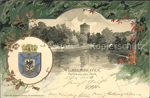 Wilhelmshaven Partie aus dem Park Turm Wappen Kuenstlerkarte Kat. Wilhelmshaven