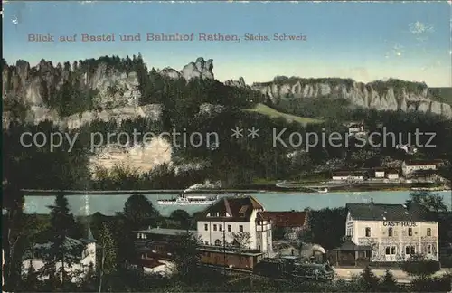 Rathen Saechsische Schweiz Blick auf Bastei Bahnhof und Elbe Kat. Rathen Sachsen