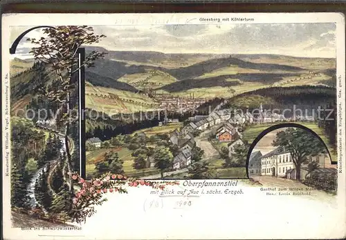 Aue Erzgebirge Schwarzwassertal Gleesberg mit Koehlerturm Panorama Gasthof zum Wilden Mann Kat. Aue