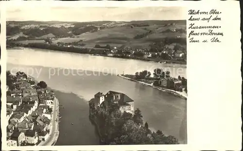 Passau Zusammenfluss von Donau Inn und Ilz Blick von Oberhaus Kat. Passau