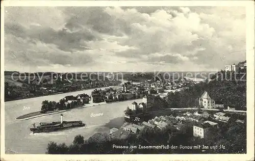 Passau Panorama mit Donau Inn und Ilz Dampfer Kat. Passau