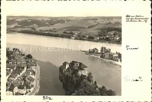 Passau Zusammenfluss von Ilz Donau und Inn Blick vom Oberhaus Kat. Passau
