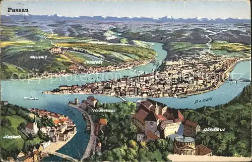 Passau Panorama mit Ilz Donau Inn Niederhaus und Oberhaus Kat. Passau
