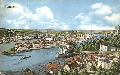 Passau Panorama mit Ilz Donau und Inn Kat. Passau