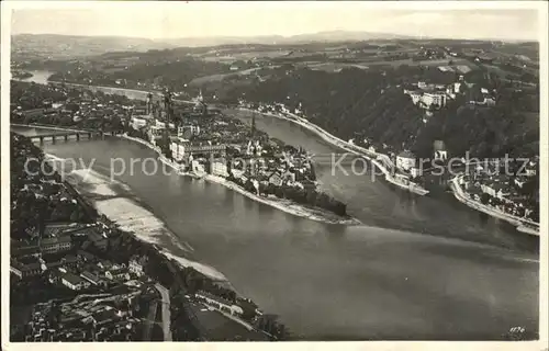 Passau Fliegeraufnahme Zusammenfluss von Inn Donau und Ilz Kat. Passau