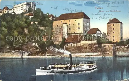 Passau mit Burg Ober und Niederhaus Personendampfer Kat. Passau