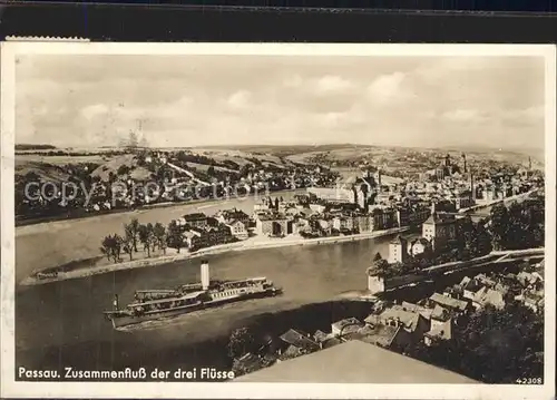 Passau Zusammenfluss von Ilz Donau und Inn Dampfer Kat. Passau