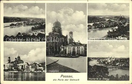 Passau Fliegeraufnahme Dreifluessestadt Donau Inn Ilz Domplatz Kat. Passau