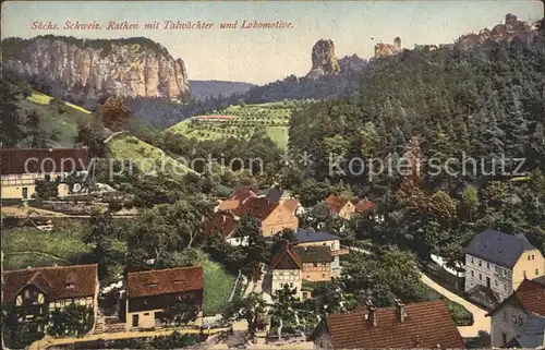 Rathen Saechsische Schweiz mit Talwaechter und Lokomotive Kat. Rathen Sachsen