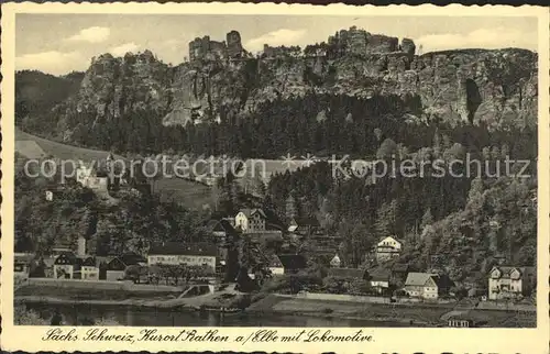 Rathen Saechsische Schweiz mit Elbe und Lokomotive Kat. Rathen Sachsen