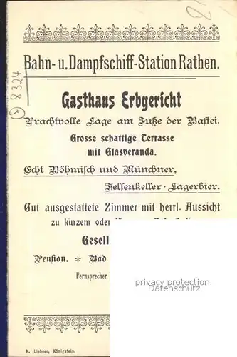 Rathen Saechsische Schweiz Felspartien Basteibruecke Amselgrund und Gansfelsen Gasthaus Erbgericht Kat. Rathen Sachsen