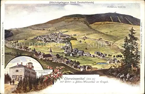 Oberwiesenthal Erzgebirge mit Unter und Boehmisch Wiesenthal Unterkunftshaus Fichtelberg Kat. Oberwiesenthal