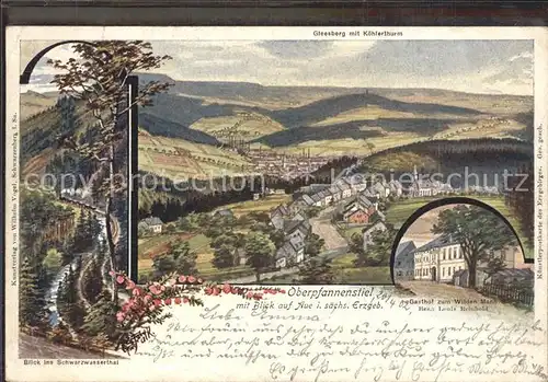 Oberpfannenstiel Panorama Gleesberg mit Koehlerthurm Schwarzwassertal Gasthof zum Wilden Mann Kat. Bernsbach