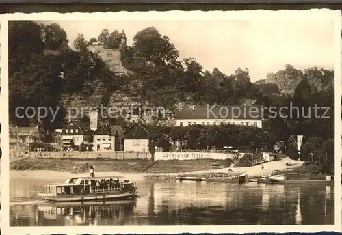 Rathen Saechsische Schweiz Elbepartie mit Burgruine und Erbgericht Dampfer Kat. Rathen Sachsen