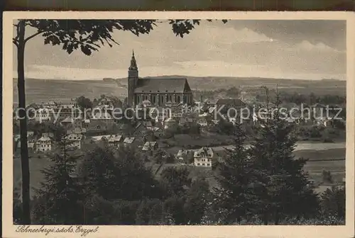 Schneeberg Erzgebirge Ortsansicht mit Kirche Kupfertiefdruck Kat. Schneeberg