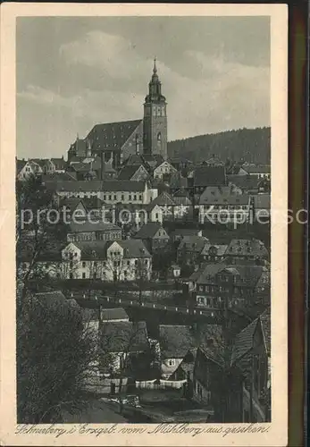 Schneeberg Erzgebirge Ortsansicht mit Kirche vom Muehlberg gesehen Kupfertiefdruck Kat. Schneeberg
