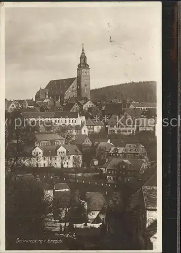 Schneeberg Erzgebirge Ortsansicht mit Kirche Bahnpost Kat. Schneeberg