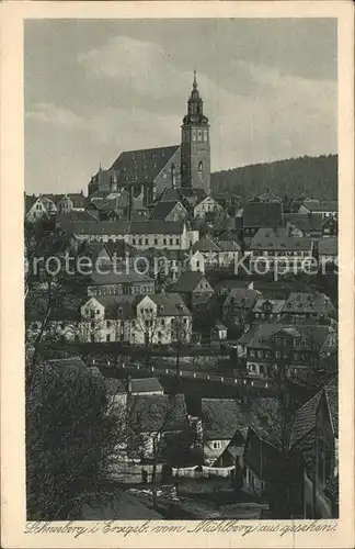 Schneeberg Erzgebirge Ortsansicht mit Kirche vom Muehlberg gesehen Kupfertiefdruck Kat. Schneeberg