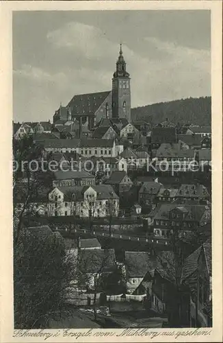 Schneeberg Erzgebirge Ortsansicht mit Kirche vom Muehlberg gesehen Kupfertiefdruck Kat. Schneeberg