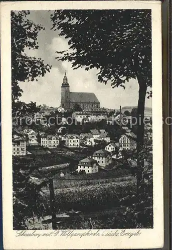 Schneeberg Erzgebirge Ortsansicht mit St Wolfgangskirche Kupfertiefdruck Kat. Schneeberg