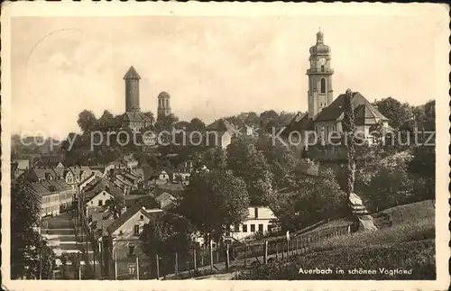 Auerbach Vogtland Gesamtansicht mit Kirche und Turm Kat. Auerbach