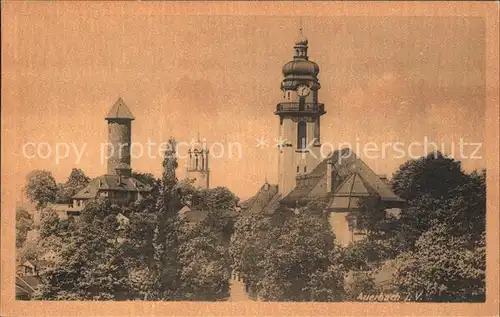 Auerbach Vogtland Gesamtansicht mit Kirche und Schlossturm Kat. Auerbach