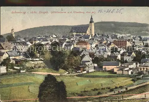Schneeberg Erzgebirge Ortsansicht mit Kirche Blick zum Gleesberg Koehlerturm Kat. Schneeberg