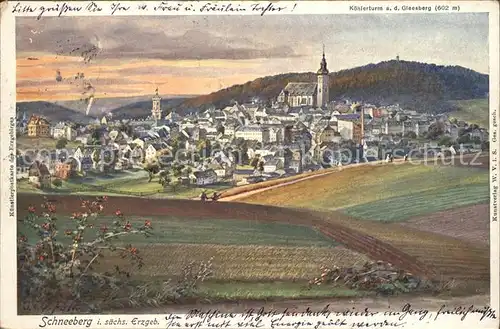 Schneeberg Erzgebirge Ortsansicht mit Kirche Koehlerturm Gleesberg Kuenstlerkarte Kat. Schneeberg