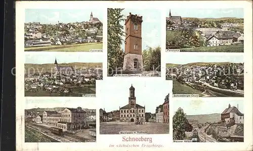 Schneeberg Erzgebirge Panorama Koehlerturm Gleesberg Schneeberger Grund Weisser Hirsch Bahnhof Marktplatz Rathaus Kat. Schneeberg