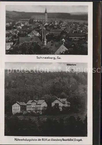 Schneeberg Erzgebirge Ortsansicht mit Kirche Muettererholungsheim der NSV Gleesberg Koehlerturm Kat. Schneeberg