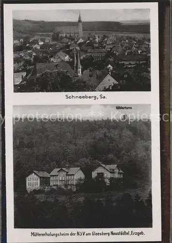 Schneeberg Erzgebirge Ortsansicht mit Kirche Muettererholungsheim der NSV Gleesberg Koehlerturm Kat. Schneeberg