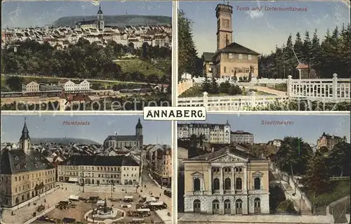 Annaberg Buchholz Erzgebirge Stadtblick Turm und Unterkunftshaus Marktplatz Stadttheater Kat. Annaberg