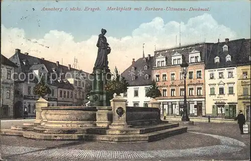 Annaberg Buchholz Erzgebirge Marktplatz mit Barbara Uttmann Denkmal Kat. Annaberg