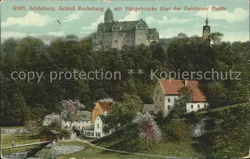 Rochsburg Graefl Schoenburgsches Schloss mit Haengebruecke ueber der Zwickauer Mulde Kat. Lunzenau